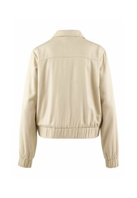 Giacca beige chiaro con colletto, polsini elasticizzati e orlo arricciato, caratterizzata da una texture liscia e un design minimalista.