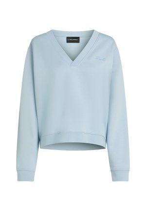 Felpa cropped di colore azzurro chiaro, realizzata in un tessuto morbido, con scollatura a V, maniche lunghe e un delicato logo ricamato sul davanti.