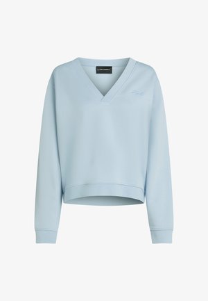 Gaiši zils īsais džemperis, izgatavots no mīksta auduma, ar V veida kakla izgriezumu, garām piedurknēm un smalku izšūtu logo priekšā.