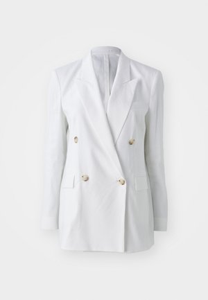 Fehér len anyagú, kétgombos blézer aranyszínű gombokkal, két elülső zsebbel és kihajtható gallér kialakítással. Sima textúra, jól szabott fazon.