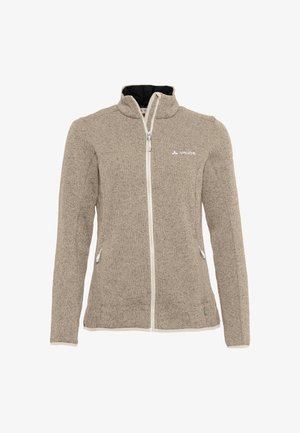 Giacca in pile marrone chiaro con colletto alto, zip completa e due tasche laterali. Presenta una texture sottile e un logo bianco sul petto.