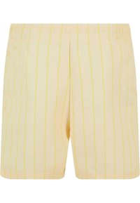 Shorts de bain jaune clair avec des rayures verticales d'un jaune légèrement plus foncé. Fabriqués en tissu lisse avec une taille élastique.