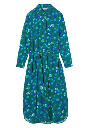 Zielona sukienka z długimi rękawami, zapięciem na guziki z przodu oraz ściągniętym w pasie. Posiada okrągły wzór w niebieskich i turkusowych odcieniach. Wykonana z miękkiego materiału.