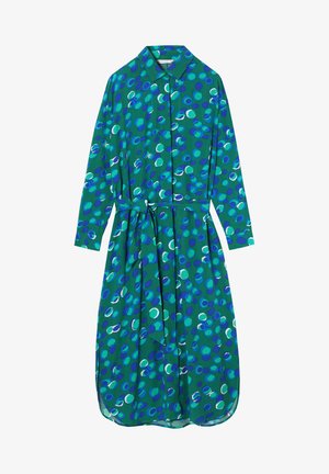 Zielona sukienka z długimi rękawami, zapięciem na guziki z przodu oraz ściągniętym w pasie. Posiada okrągły wzór w niebieskich i turkusowych odcieniach. Wykonana z miękkiego materiału.