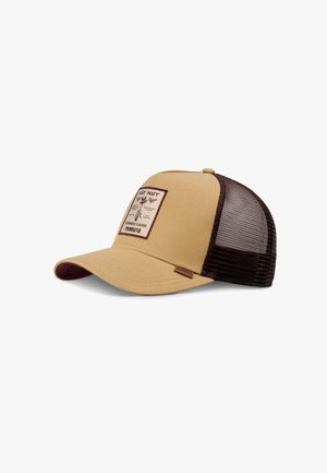 Tan cap with a curved brim, mesh sides, and a brown patch featuring text and graphics. Brown accents on the brim and logo tag.