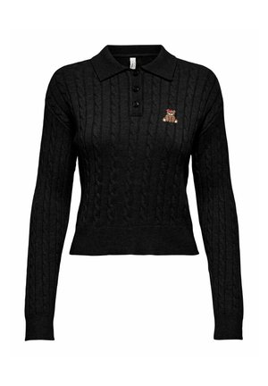 Zwart gebreid poloshirt met een kabeltricot ontwerp, voorzien van een kraag en drie knopen. Opmerkelijk detail: geborduurd teddybeertje op de borst.