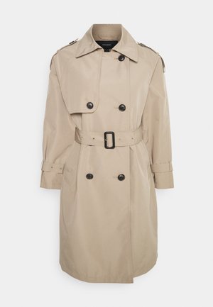 Beige knee-length trench coat with double-breasted black buttons, belted waist, shoulder epaulets, and cuff straps on long sleeves.