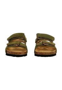 Sandalias verdes de tipo slip-on con dos correas ajustables de velcro, plantilla de corcho y suela de goma negra texturizada. Material suave con acabado mate.