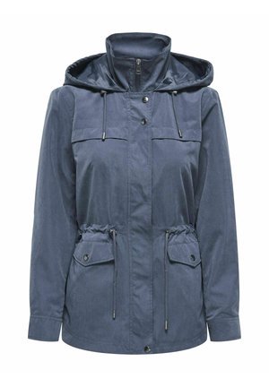 Námornícka modrá kapucňová bunda vyrobená z ľahkej tkaniny, so 2 náprsnými vreckami, sťahovacím pásom a zipsom na prednej strane so zacvakávačmi.