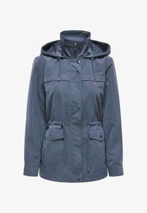 Námornícka modrá kapucňová bunda vyrobená z ľahkej tkaniny, so 2 náprsnými vreckami, sťahovacím pásom a zipsom na prednej strane so zacvakávačmi.