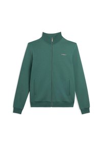 Felpa verde con zip realizzata in tessuto morbido. Presenta un alto colletto, polsini a coste e due tasche laterali. Logo "FREDDY" di colore chiaro sul petto.