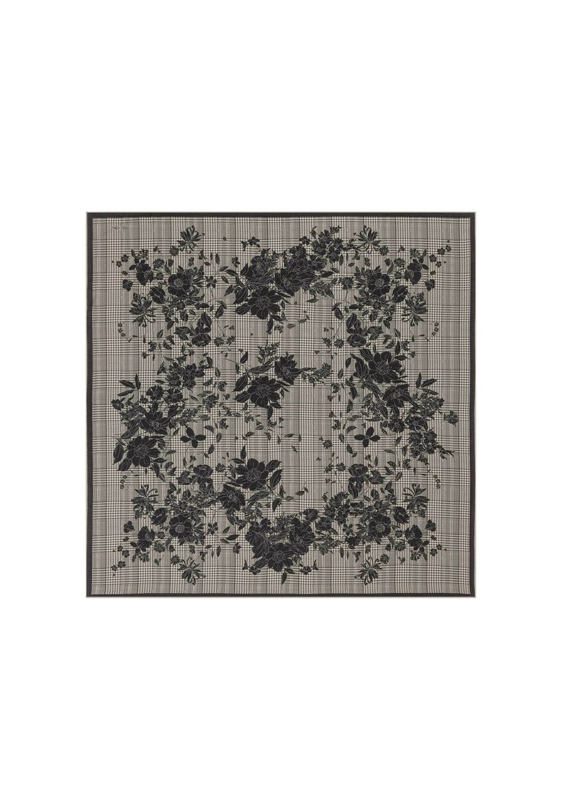 Black floral patterned fabric with a checkered background, outlined in dark trim. Textured design features intricate flowers and leaves.