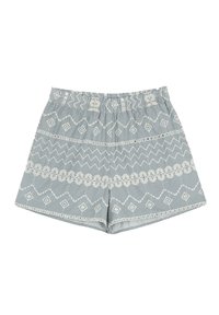 Shorts rayés bleu et blanc avec une taille élastique, ornés de motifs géométriques et floraux brodés en blanc.