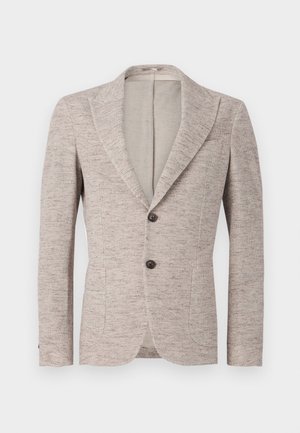 Svetlo hnedý prispôsobený blejzer s textúrovaným, tkaným vzhľadom. Dvoje gombíkov, klopové reverzné límce a bočné vrecká. Minimalistický dizajn.