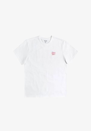 T-shirt en coton blanc à manches courtes, col rond, avec un petit motif multicolore "lever et coucher de soleil" sur la poitrine gauche.