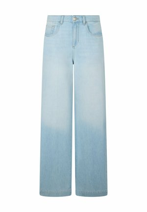 Jean large bleu clair avec bouton frontal, fermeture éclair et design à cinq poches, présenté sur un fond blanc.