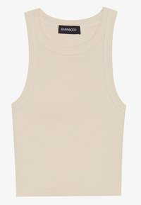 Beige, bordázott ujjatlan felső széles pántokkal, kerek nyakrésszel és kontrasztos varrással. A belső oldalon látható címke a even&odd márkanevével.