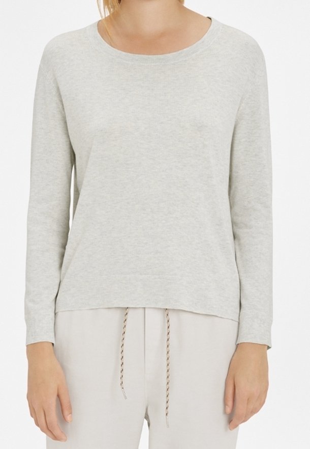 Pullover grigio chiaro a maniche lunghe, leggermente morbido, con scollatura rotonda, texture del tessuto morbida, cuciture minime, abbinato a pantaloni di colore chiaro.