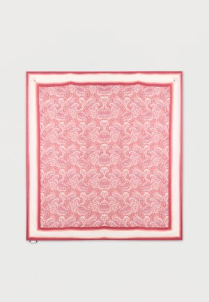 Τετράγωνο μαντήλι με περίπλοκο κόκκινο και λευκό φυτικό σχέδιο παϊέτας και απλή κόκκινη και λευκή μπορντούρα.