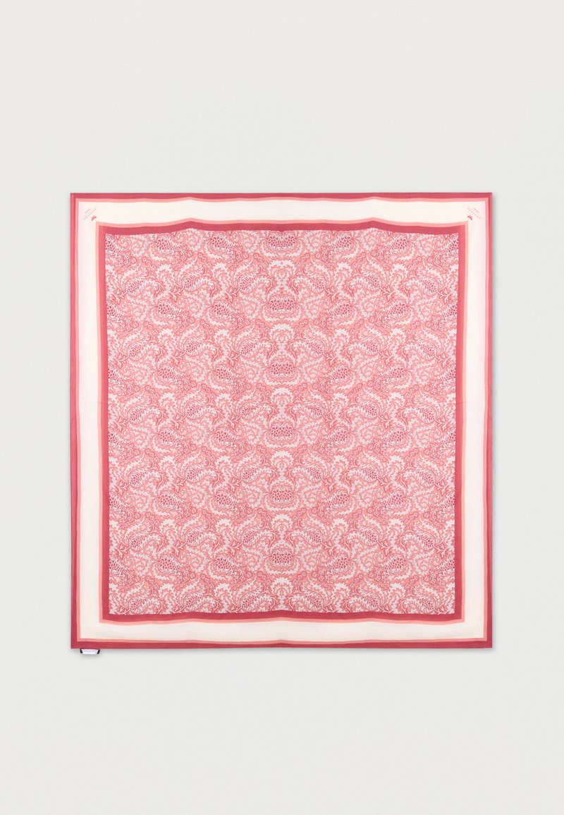 Τετράγωνο μαντήλι με περίπλοκο κόκκινο και λευκό φυτικό σχέδιο παϊέτας και απλή κόκκινη και λευκή μπορντούρα.