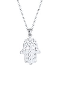 Collier pendentif en argent en forme de main, avec des motifs découpés complexes et un motif d'œil, attaché à une chaîne délicate.