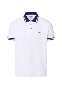 Biała koszulka polo z granatowym kołnierzykiem i rękawami z czerwonymi akcentami, z trzema guzikami z przodu i haftowanym logo na piersi.