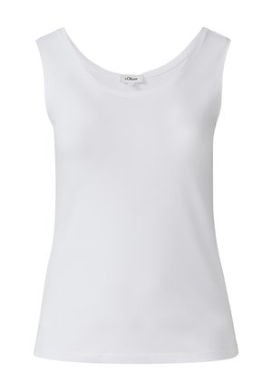 Witte mouwloze top van gladde stof, met een ronde halslijn en een losse pasvorm, en subtiele stiksels langs de randen.