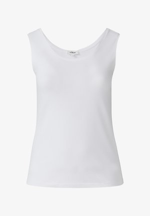 Witte mouwloze top van gladde stof, met een ronde halslijn en een losse pasvorm, en subtiele stiksels langs de randen.