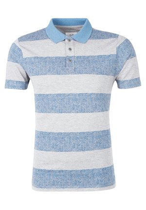 Koszulka polo z krótkim rękawem w niebieskie i jasnoszare poziome paski oraz niebieskim, jednolitym kołnierzem zapinanym na trzy guziki.