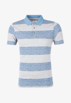Polo a maniche corte con righe orizzontali blu e grigio chiaro e colletto blu tinta unita con tre bottoni.