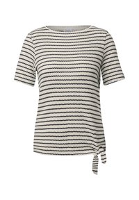 Kurze Ärmel, Rundhals-T-Shirt in Creme mit schwarzen Zickzackstreifen. Mit einem geknoteten Akzentdetail am Saum. Aus strukturiertem Stoff gefertigt.