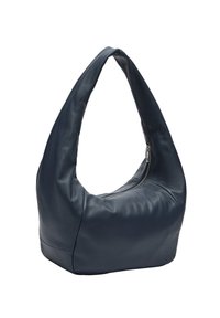 Granatowa skórzana torba na ramię o unikalnym kształcie, z zapięciem na zamek i gładką fakturą. Posiada jeden duży uchwyt do noszenia.