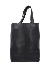 Czarna skórzana torba typu tote z dwoma górnymi uchwytami, prostokątna forma, gładka faktura, subtelne detale szwów i brak widocznych elementów metalowych.
