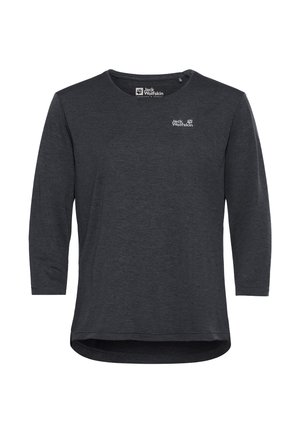 Dunkelgraues Langarmshirt mit rundem Ausschnitt, auf der oberen linken Brustseite mit einem kleinen weißen Logo und einem abgerundeten Saum. Weiche Textur.