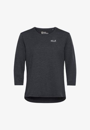 Dunkelgraues Langarmshirt mit rundem Ausschnitt, auf der oberen linken Brustseite mit einem kleinen weißen Logo und einem abgerundeten Saum. Weiche Textur.