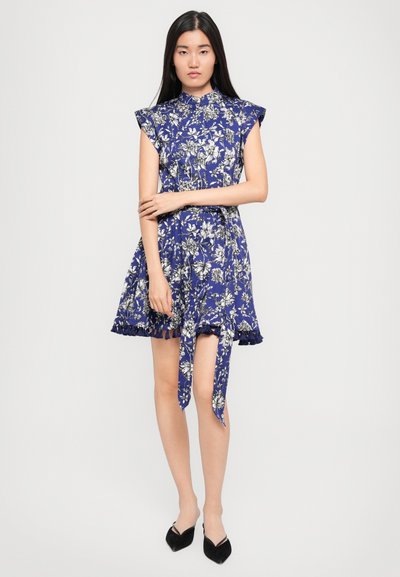 Floral print dress in blue with short cap sleeves, a fitted bodice, and a flared skirt, featuring a tie belt and ruffled hemline.