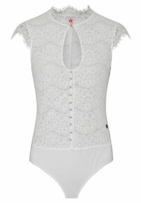 Witte kanten mouwloze bodysuit met bloemenpatroon, halslijn met sleuf aan de voorkant, parelknopen en een zachte effen onderkant.