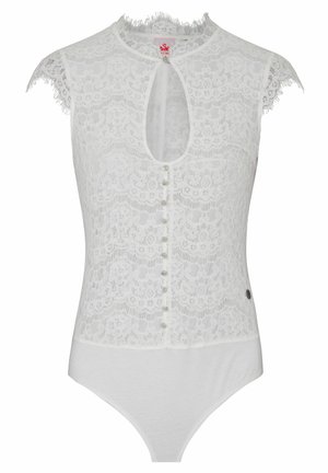 Weißes Spaghetti-Träger-Bodysuit aus Spitze mit Blumenmuster, Schlüssel-ausschnitt vorne, Perlenknöpfen und einem weichen, einfarbigen Stoffboden.
