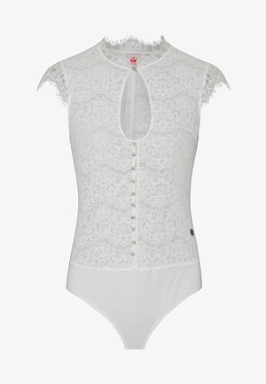 Witte kanten mouwloze bodysuit met bloemenpatroon, halslijn met sleuf aan de voorkant, parelknopen en een zachte effen onderkant.