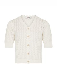 Cárdigan blanco de punto con un patrón texturizado, mangas cortas, escote con forma de ola y botones dorados en la parte delantera.