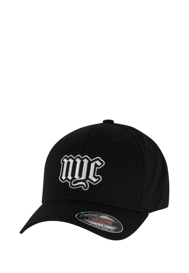 Căciulă de baseball neagră cu logo brodat "nyc" în alb. Dispune de o coroană structurată și un vizor curbat. Fabricată dintr-un material texturat.