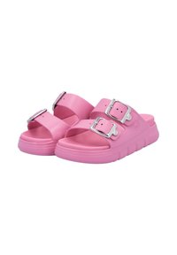 Pink sandals made of rubber, featuring two adjustable straps with silver buckles, a thick sole, and an open-toe design.