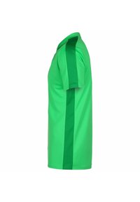 Zelená polo tričko s krátkými rukávy, obsahující jednotnou zelenou část a tmavší zelené vertikální pruhy po stranách. Vyrobeno z lehkého materiálu.