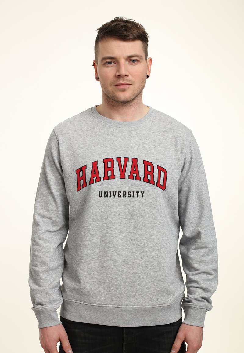 Šedá mikina s nápisem "HARVARD UNIVERSITY" v červeném a černém písmu, kulatým výstřihem a dlouhými rukávy. Hladká textilie.