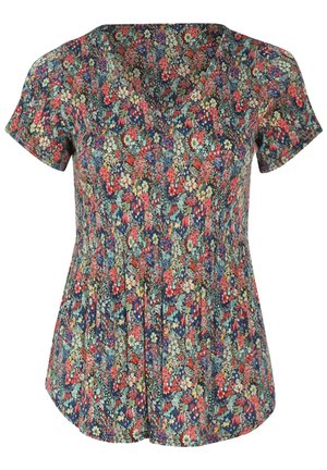 Damesblouse met korte mouwen en V-hals, met een dicht, meerkleurig bloemmotief op een donkere achtergrond.