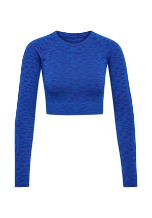 Blauwe crop top met lange mouwen, voorzien van een subtiel luipaardprintpatroon. Gemaakt van lichtgewicht, rekbaar materiaal voor comfort en bewegingsvrijheid.