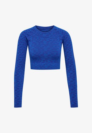 Top court bleu à manches longues, avec un motif léopard subtil. Fabriqué en tissu léger et extensible pour le confort et la mobilité.