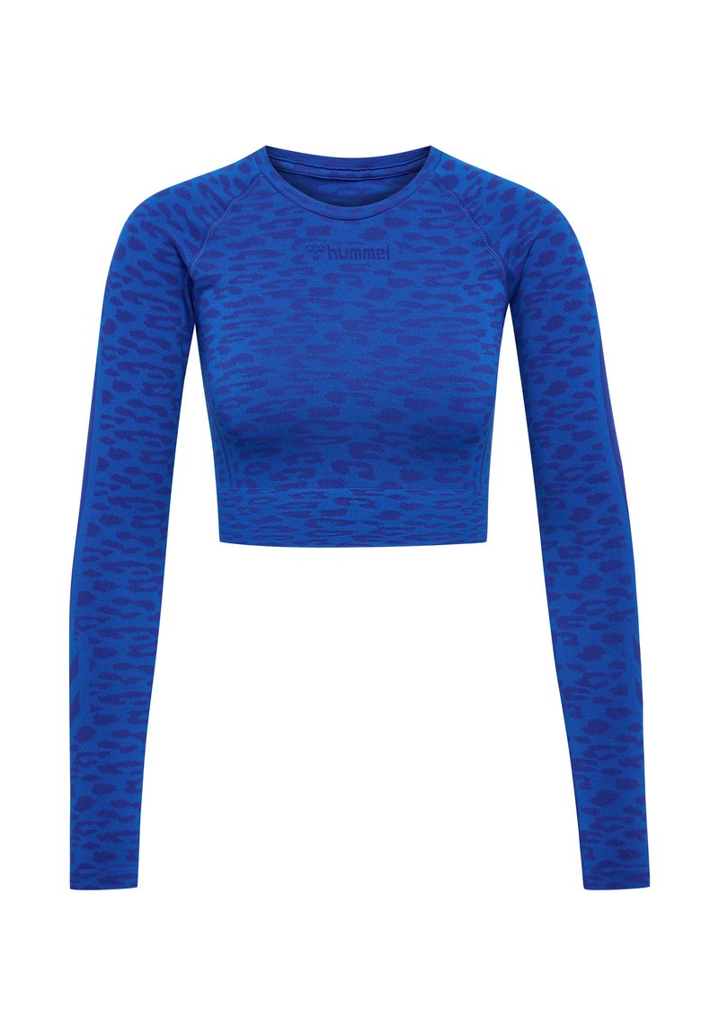 Blå kortärmad topp med långa ärmar, med ett subtilt leopardmönster. Tillverkad av lätt, stretchigt material för komfort och rörlighet.