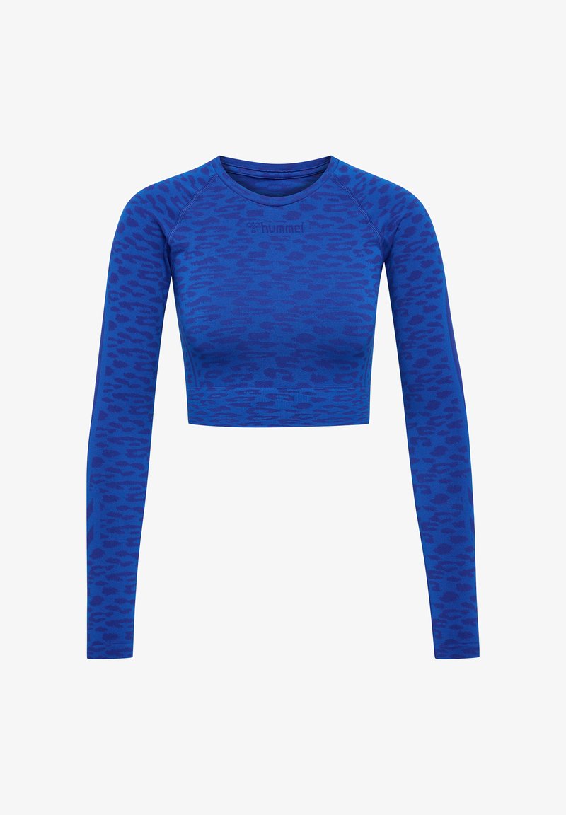 Blå kortärmad topp med långa ärmar, med ett subtilt leopardmönster. Tillverkad av lätt, stretchigt material för komfort och rörlighet.