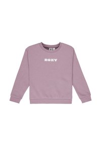 Sudadera de cuello redondo en color lila con mangas largas, puños y bajo acanalados, que presenta un logo blanco "ROXY" centrado en el pecho. Textura suave.